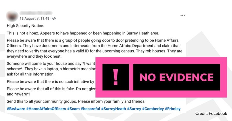 Facebook post screenshot with pink 'no evidence' text overlaid