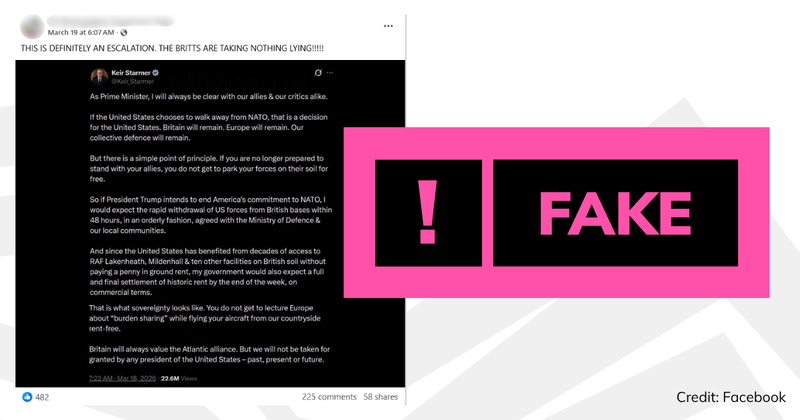 A screenshot of the post with text overlaid saying 'fake'