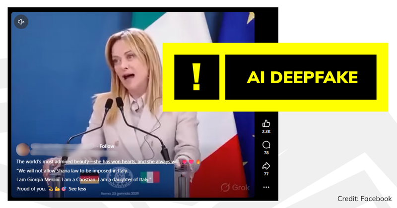A screenshot of the video with overlaid text saying 'AI deepfake'.