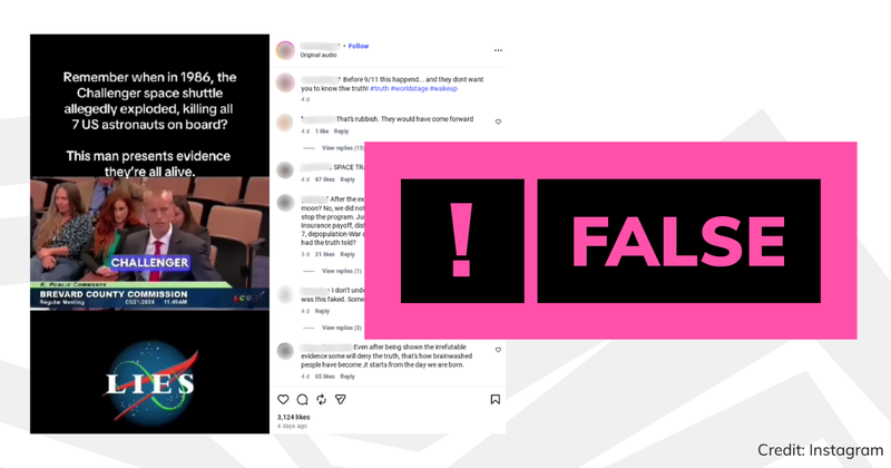 A screenshot of an Instagram video claiming that the Challenger crash was faked and that the crew are still alive with a false label on it