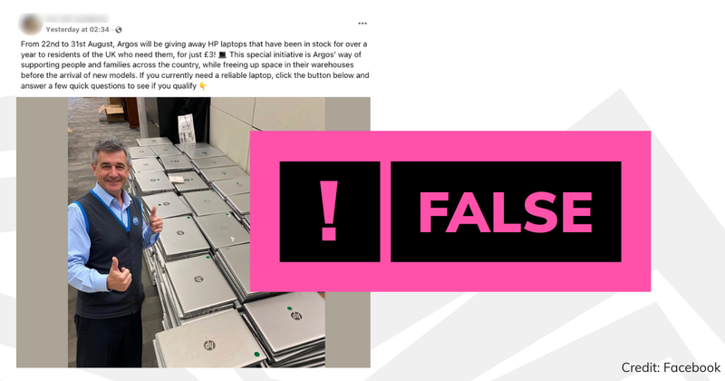 False label on a Facebook post claiming Argos is selling laptops for £2