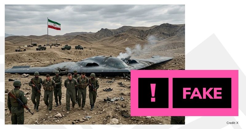 Image supposedly showing a US B-2 bomber shot down over Iran with "Fake" label overlaid