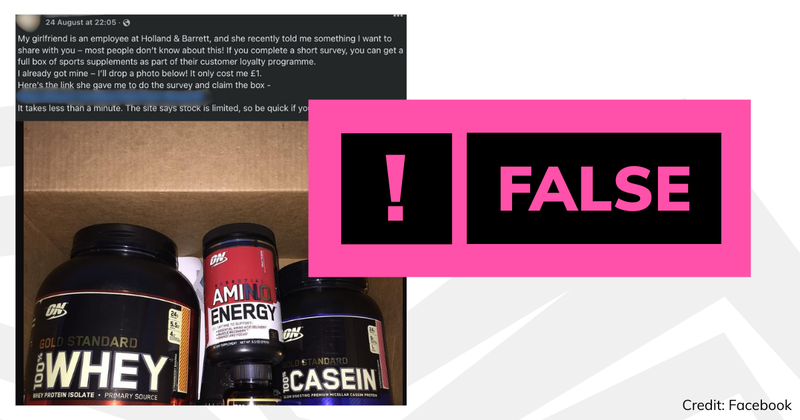 False label on a Facebook post claiming Holland & Barrett are selling £1 sports supplement boxes