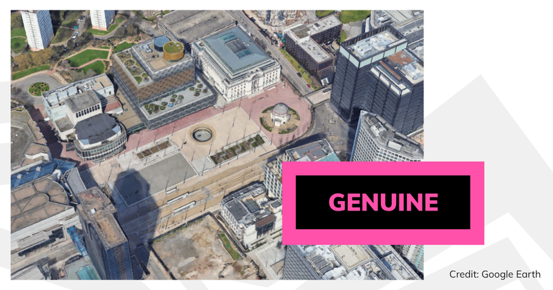 A real view of Centenary Square in Birmingham, with overlaid text saying 'genuine'.