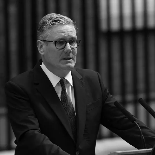Prime Minister Sir Keir Starmer standing at a lectern outside Number 10 Downing Street.