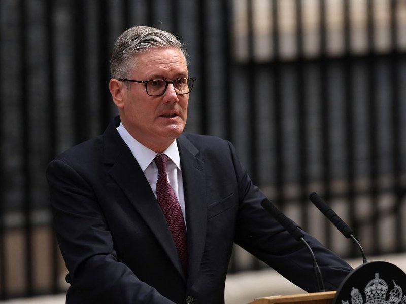 Prime Minister Sir Keir Starmer standing at a lectern outside Number 10 Downing Street.