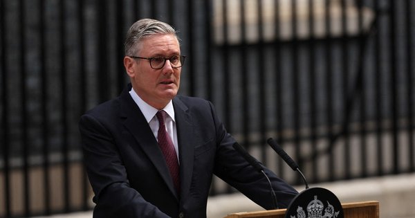 Prime Minister Sir Keir Starmer standing at a lectern outside Number 10 Downing Street.