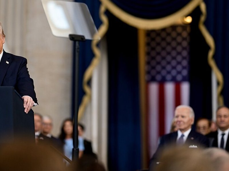 President Trump delivering his inaugural address in January 2025