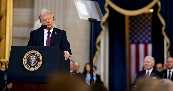 President Trump delivering his inaugural address in January 2025