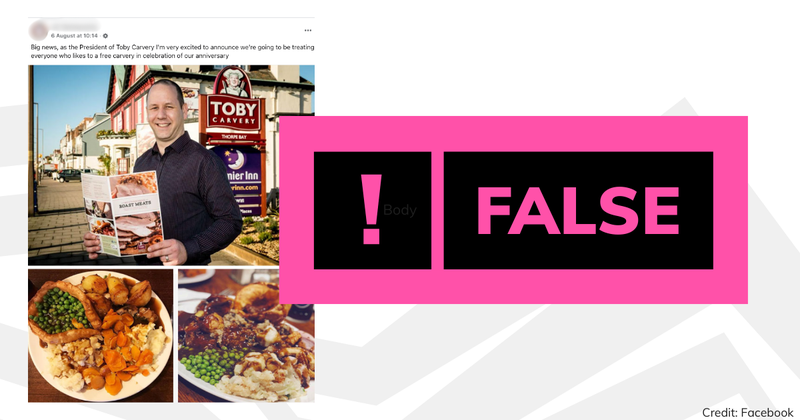 False label on a Facebook post falsely claiming Toby Carvery is giving away free meals