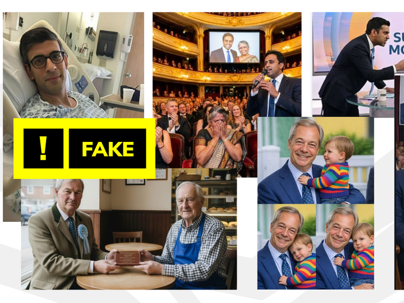 Some of the images we’ve seen shared with fake stories, including pictures supposedly showing Nigel Farage, Rishi Sunak, Zia Yusuf and Rupert Lowe.