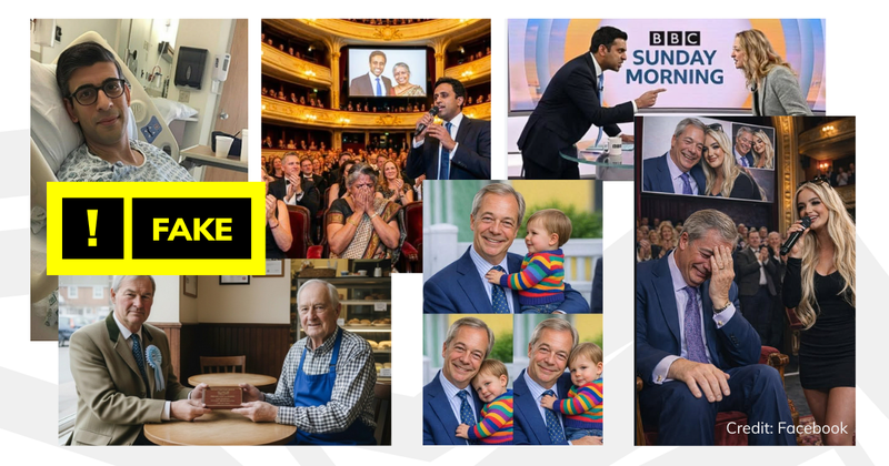 Some of the images we’ve seen shared with fake stories, including pictures supposedly showing Nigel Farage, Rishi Sunak, Zia Yusuf and Rupert Lowe.