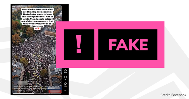 A screenshot of the video with overlaid text saying 'fake'.