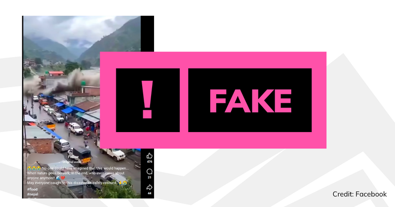 Image of the social media post with a pink box saying 'FAKE' over it