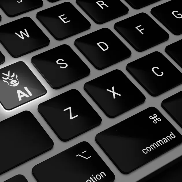 A glowing blue key labelled AI on a black computer keyboard