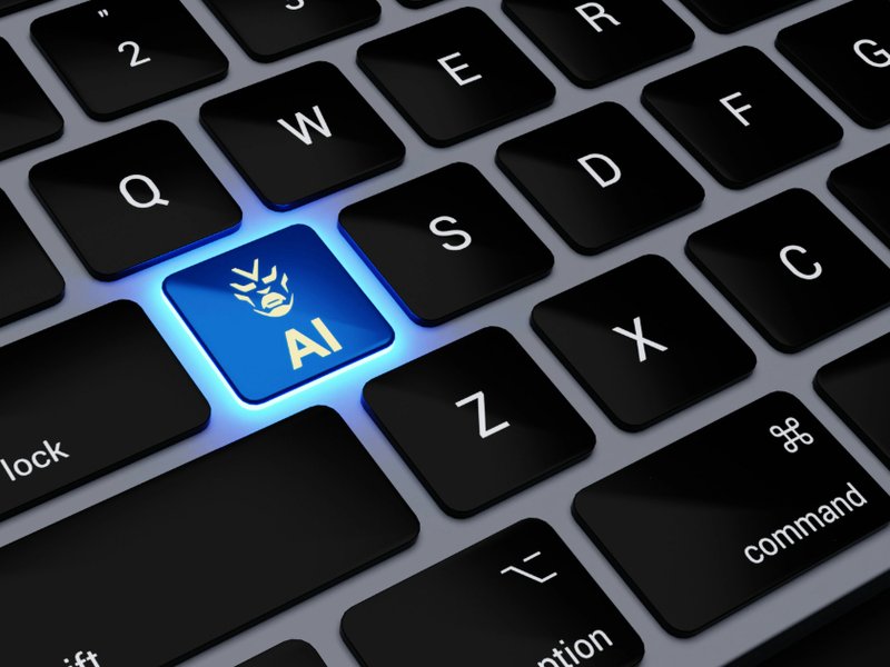 A glowing blue key labelled AI on a black computer keyboard