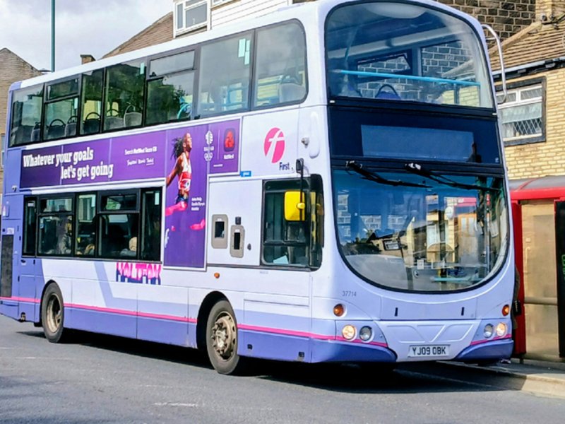A picture of a double decker bus in England.