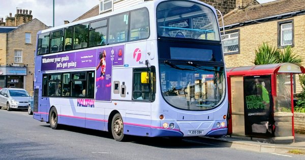 A picture of a double decker bus in England.