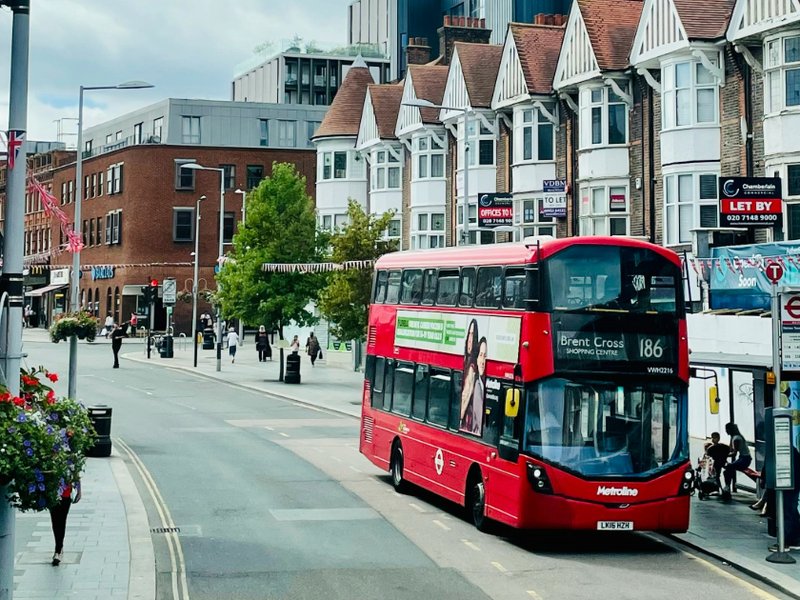 A photo of a bus on a street in Harrow, London
