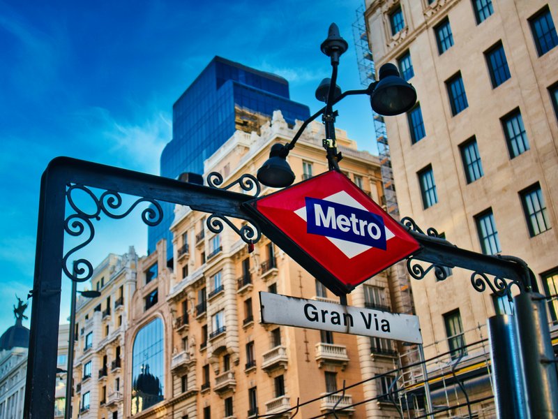 One of the entrances for the Gran Via metro station in Madrid, Spain