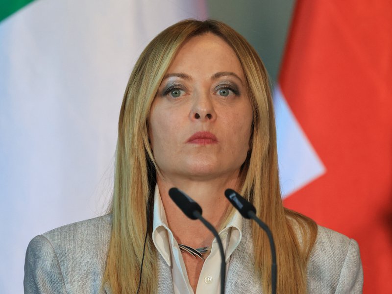 Italy's Prime Minister Giorgia Meloni addresses the press at the end of their meeting of state leaders of the European Group of Five (E5) and the NATO Secretary General, in June 2026.