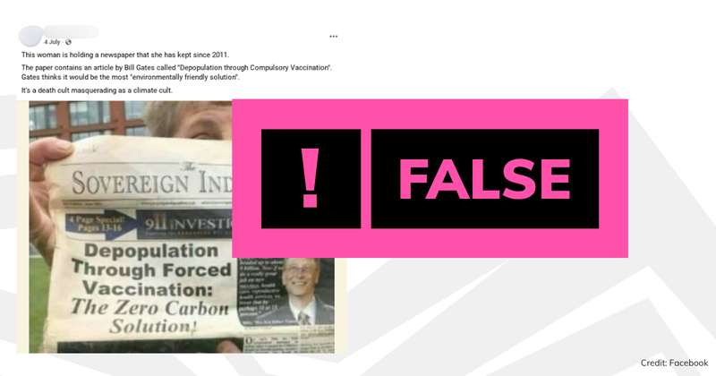 Post about Bill Gates with a false label across it