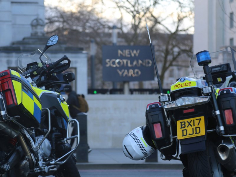 A photo of police motorbikes parked outside New Scotland Yard