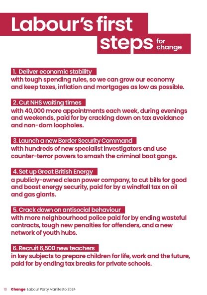 Labour's list of its manifesto first steps for change