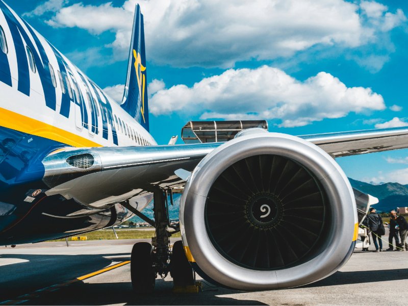An image of a Ryanair plane on the tarmac.