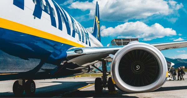 An image of a Ryanair plane on the tarmac.