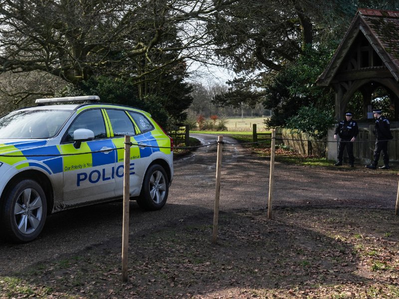 A police vehicle outside the royal family's Sandringham Estate in Norfolk, after Andrew Mountbatten-Windsor was arrested on 19 February