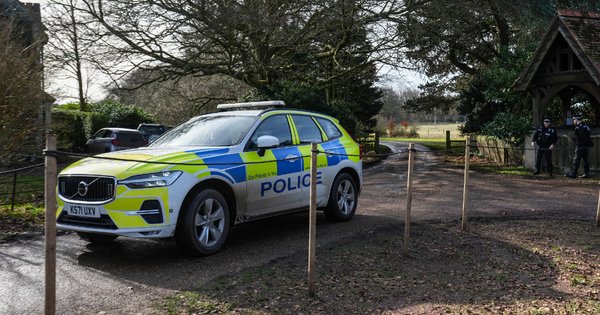 A police vehicle outside the royal family's Sandringham Estate in Norfolk, after Andrew Mountbatten-Windsor was arrested on 19 February