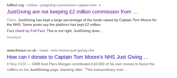 Screenshot of fact check before Google's change to claimreview