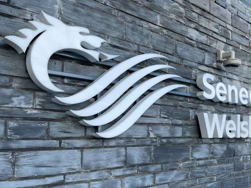 A sign for the Senedd, the Welsh Parliament.