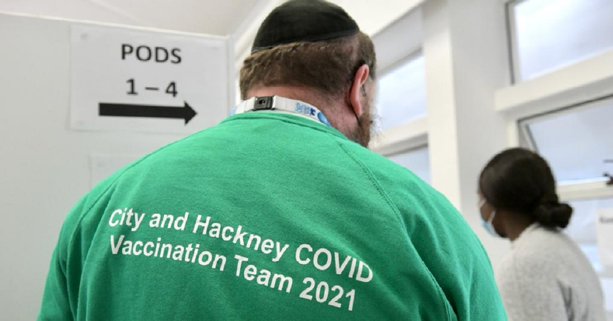 A volunteer at a vaccination pop-up clinic run by Orthodox Jewish medical emergency service Hatzola in partnership with Hackney Council and the NHS.