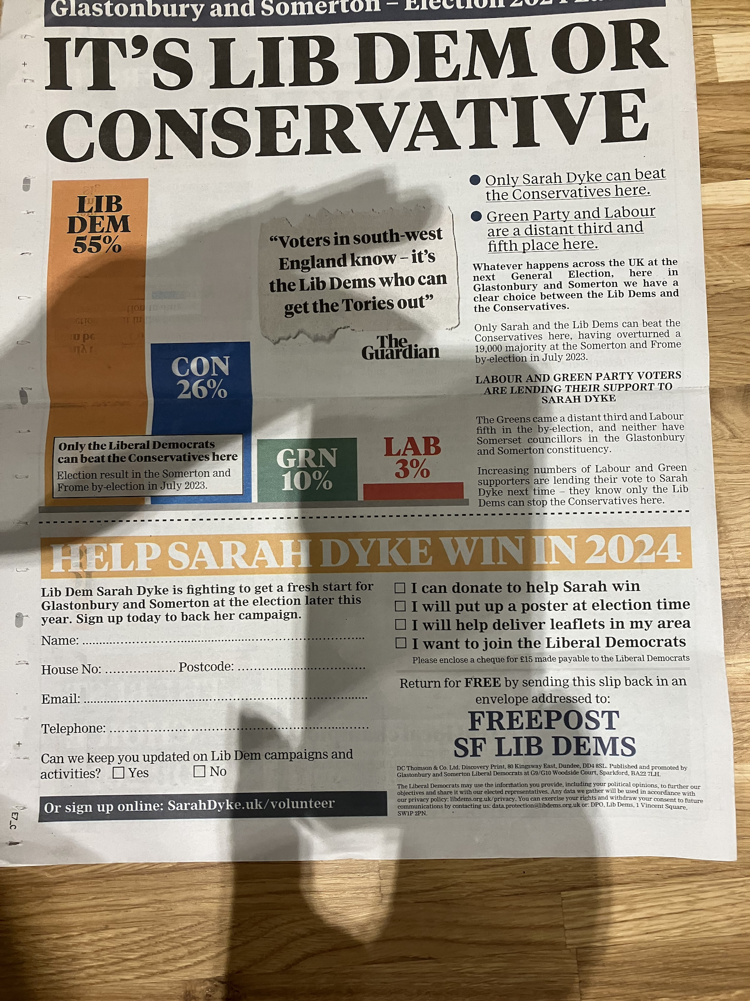 An image of a Liberal Democrat campaign leaflet, resembling a newspaper, depicting a bar chart.